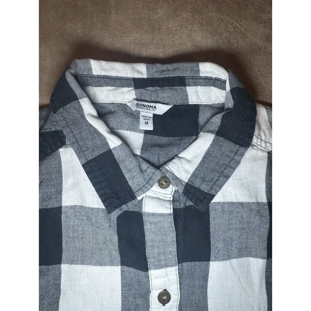 Sonoma Womens Black Plaid Shirt Plaid Long Sleeve Collared Size MEDIUM